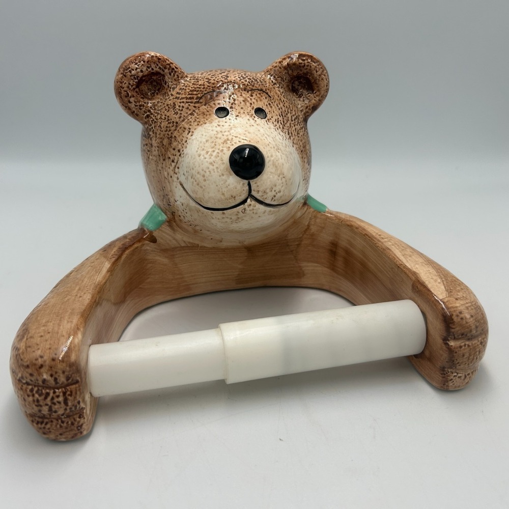 Teddy Bear Toilet Paper Tissue Holder Wall Mounted Ceramic Germany Cabin Cottage